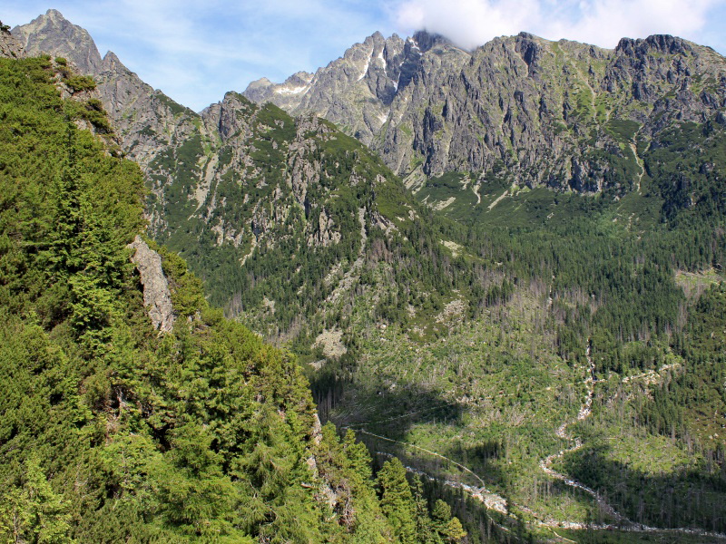 10.jpg - Zo Slavkovskej vyhliadky 1531m je nádherný pohľad do ústia Malej aj Veľkej Studenej doliny. Teraz sa pozeráme do Starolesnianskej poľany, kde  severozápadným smerom (doľava) vedie chodník do Veľkej Studenej doliny a východným smerom (doprava) pokračuje Tatranská magistrála pretínajúc dráhu Obrovského vodopádu 1330m. Je vysoký cca 20 metrov a tvoria ho vody Malého Studeného potoka. V pravej polovici obrázku, na obzore vidíme z pravej strany Veľký Lomnický hrb 2041m, Lomnickú vežu 2215m. Lomnické sedlo 2190m a Lomnický štít 2634m sú v túto chvíľu v hustej hmle. Hrebeň pokračuje Malým Pyšným štítom 2590m, ďalej je Pyšný štít 2623m Spišský štít 2483 a Baranie rohy 2526m. V hrebeni nad Obrovským vodopádom, medzi Veľkou a Malou Studenou dolinou identifikujeme postupne Zadný Oštep 1888m, Malý Kostol 2095m a pod Prostredným hrotom 2441m (celkom hore) sa nachádza ešte "ostrá ako britva" Chmúrna veža 2257m.